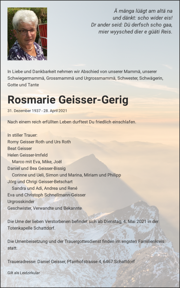 Avis de décès de Rosmarie Geisser-Gerig, Schattdorf