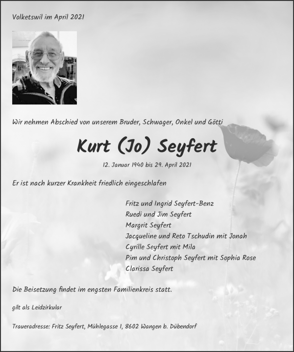 Obituary Kurt (Jo) Seyfert, Volketswil