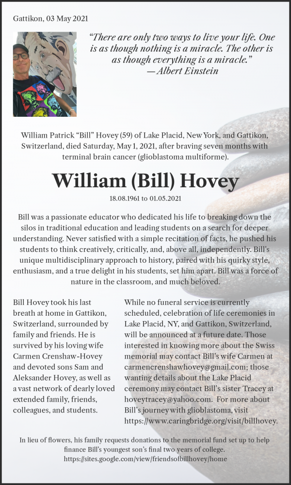 Avis de décès de William (Bill) Hovey, Gattikon