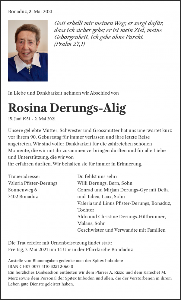 Avis de décès de Rosina Derungs-Alig, Bonaduz