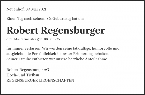 Todesanzeige von Robert Regensburger, Würenlos