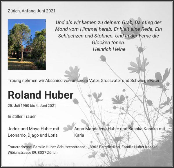 Todesanzeige von Roland Huber, Fürstenaubruck