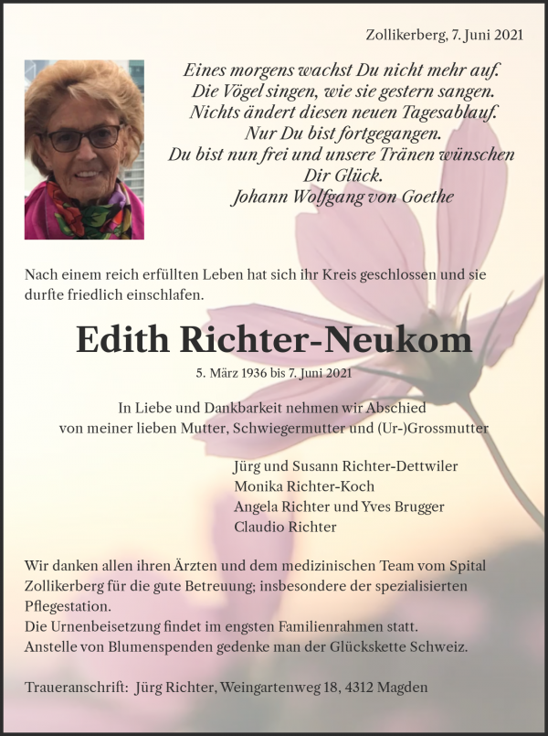 Necrologio Edith Richter-Neukom, Zollikerberg