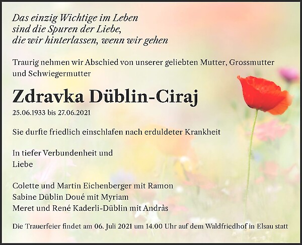 Obituary Zdravka Düblin-Ciraj, Elsau