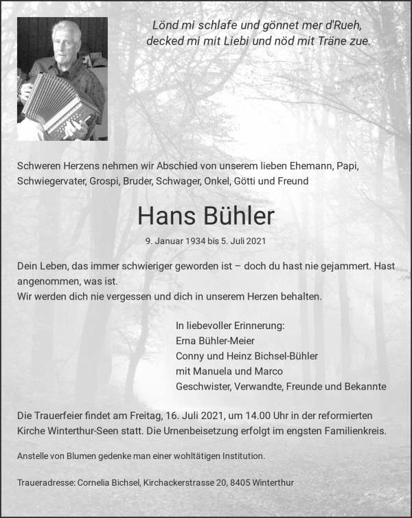 Necrologio Hans Bühler, Winterthur