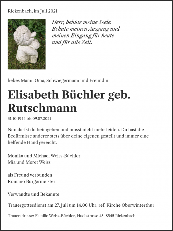 Necrologio Elisabeth Büchler geb. Rutschmann, Rickenbach