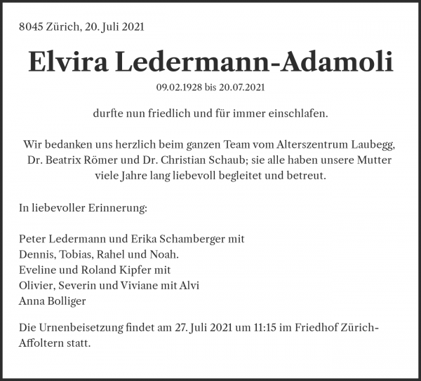 Necrologio Elvira Ledermann-Adamoli, Zürich