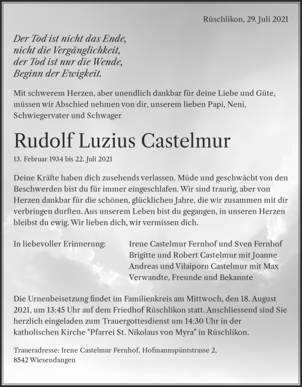 Avis de décès de Rudolf Luzius Castelmur, Rüschlikon