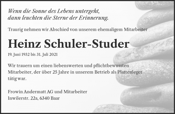Avis de décès de Heinz Schuler-Studer, Baar