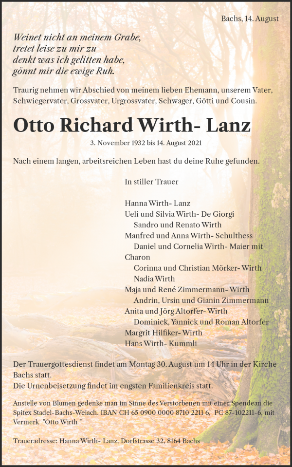 Necrologio Otto Richard Wirth- Lanz, Bachs