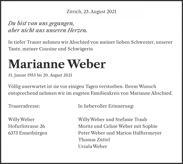 Avis de décès de Marianne Weber, Thalheim an der Thur