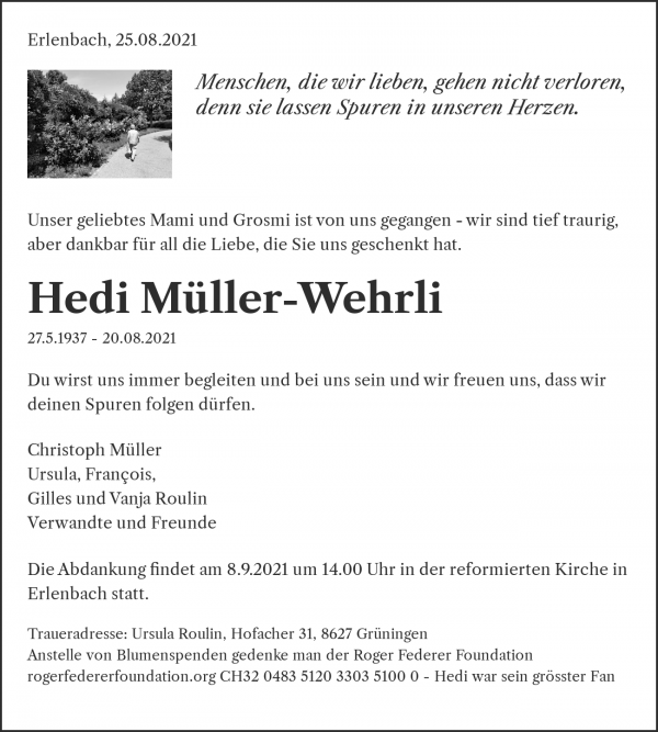 Avis de décès de Hedi Müller-Wehrli, Erlenbach