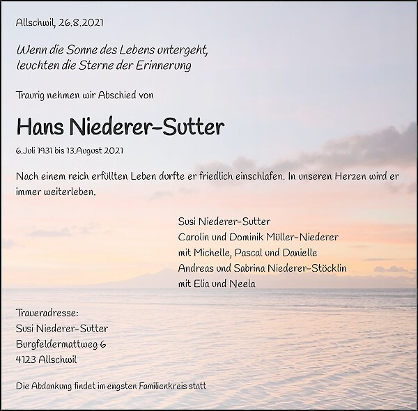 Avis de décès de Hans Niederer-Sutter, Allschwil