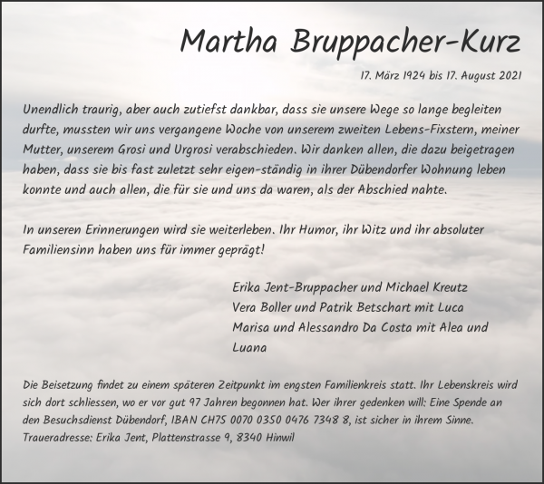 Avis de décès de Martha Bruppacher-Kurz, Dübendorf