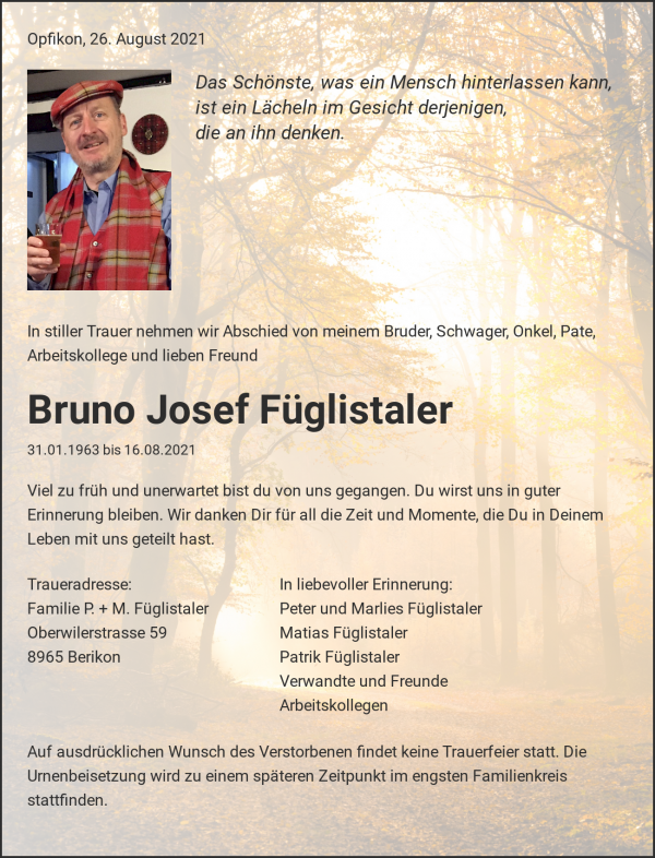 Obituary Bruno Josef Füglistaler, Opfikon-Glattbrugg