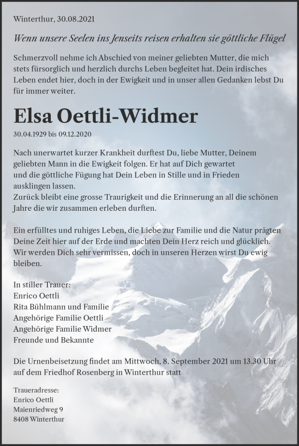 Avis de décès de Elsa Oettli-Widmer, Winterthur