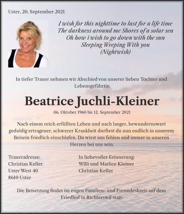 Avis de décès de Beatrice Juchli-Kleiner, Richterswil