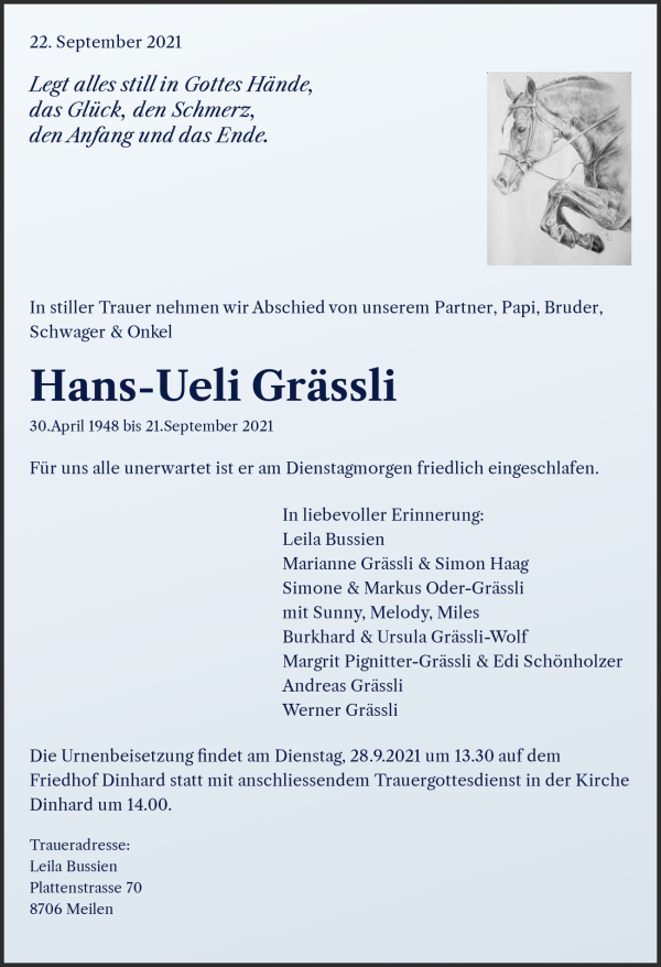Avis de décès de Hans-Ueli Grässli, Seuzach
