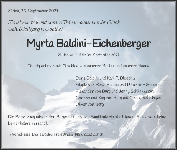 Todesanzeige von Myrta Baldini-Eichenberger, Zollikerberg