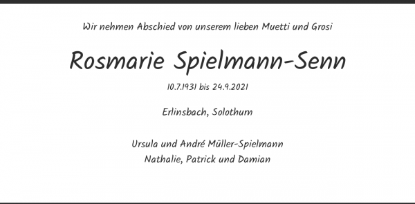 Necrologio Rosmarie Spielmann-Senn, Erlinsbach