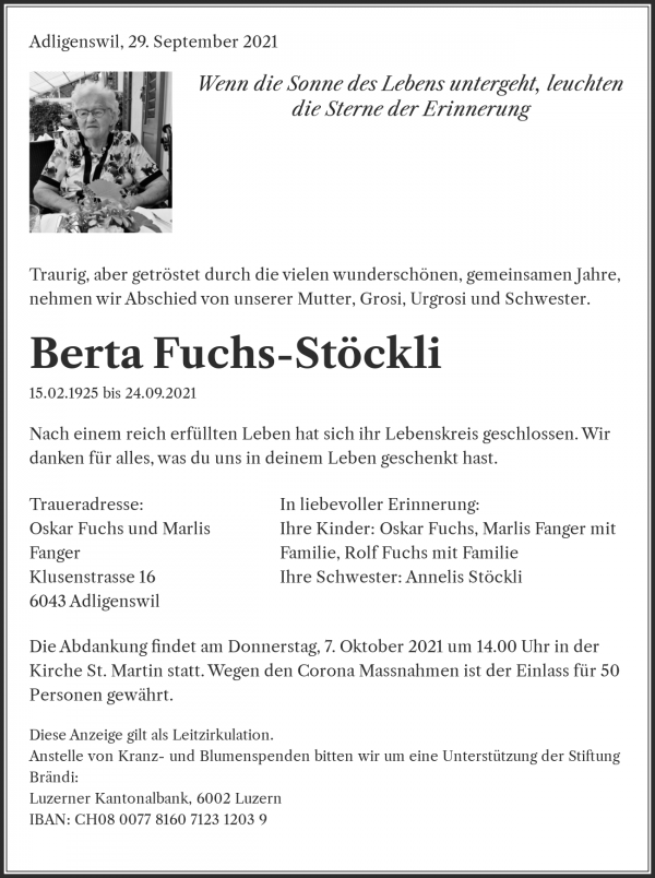 Todesanzeige von Berta Fuchs-Stöckli, Adligenswil