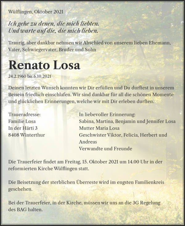 Avis de décès de Renato Losa, Winterthur