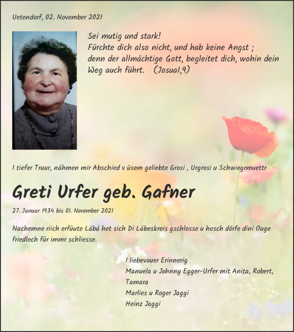 Necrologio Greti Urfer geb. Gafner, Steffisburg