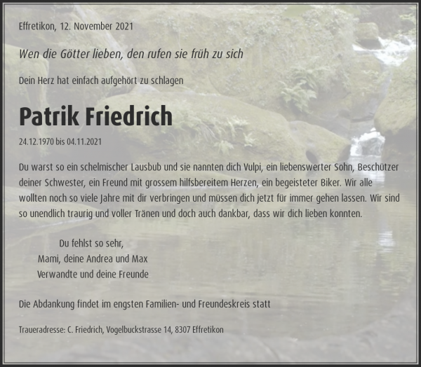 Necrologio Patrik Friedrich, Volketswil