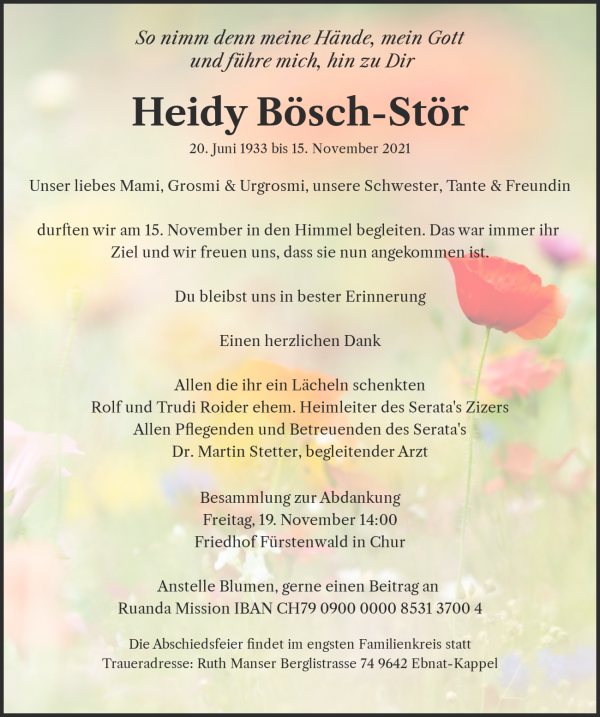 Todesanzeige von Heidy Bösch-Stör, Zizers