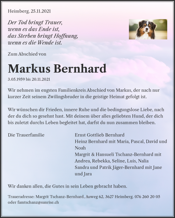 Necrologio Markus Bernhard, Buchs