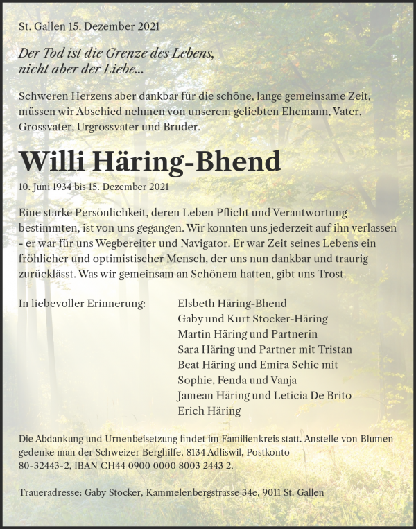 Necrologio Willi Häring-Bhend, St.Gallen