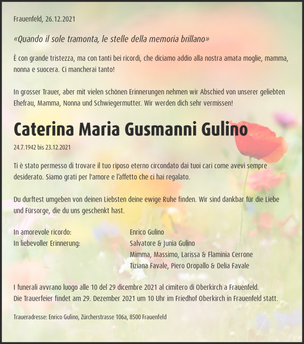 Necrologio Caterina Maria Gusmanni Gulino, Frauenfeld