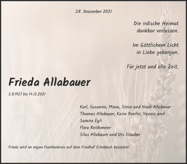 Todesanzeige von Frieda Allabauer, Erlenbach