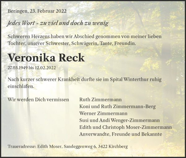 Avis de décès de Veronika Reck, Beringen