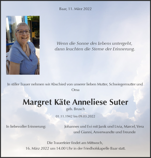 Avis de décès de Margret Käte Anneliese Suter geb. Brusch, Baar