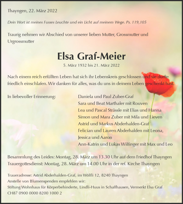 Necrologio Elsa Graf-Meier, Thayngen