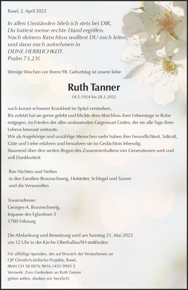 Avis de décès de Ruth Tanner, Basel