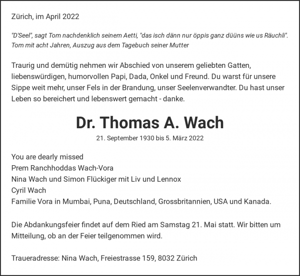 Necrologio Dr. Thomas A. Wach, Zuerich