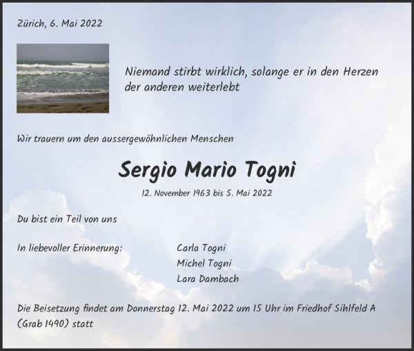 Avis de décès de Sergio Mario Togni, Zürich