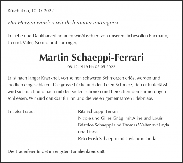 Avis de décès de Martin Schaeppi-Ferrari, Rüschlikon