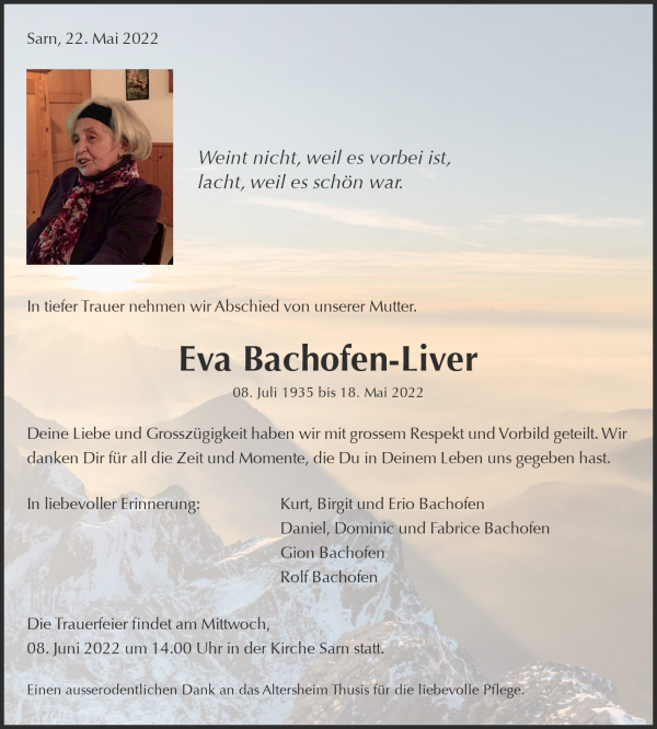 Todesanzeige von Eva Bachofen-Liver, Sarn