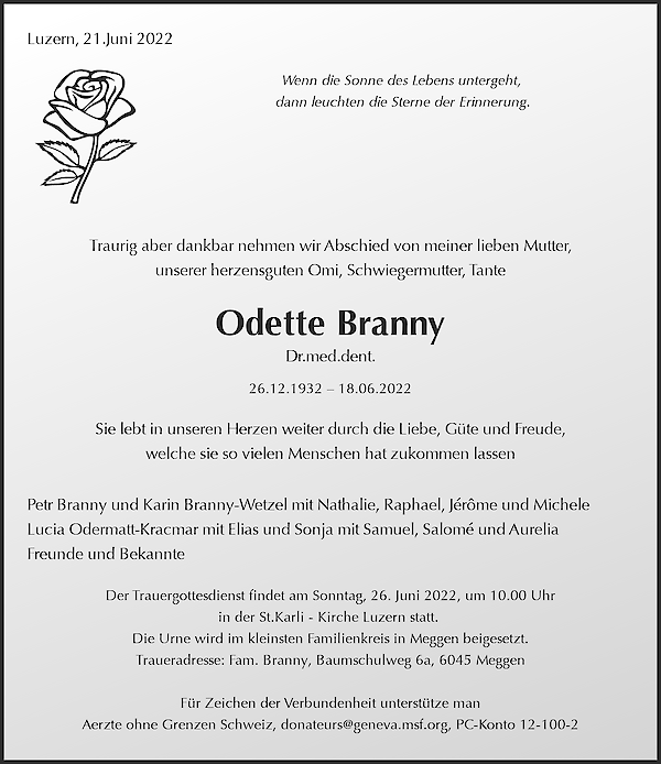 Avis de décès de Odette Branny, Horw