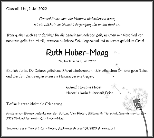 Avis de décès de Ruth Huber-Maag, Oberwil-Lieli