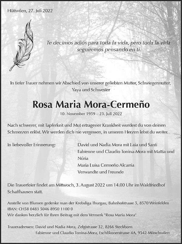 Necrologio Rosa Maria Mora-Cermeño, Hüttwilen