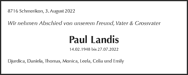 Avis de décès de Paul Landis, Schmerikon