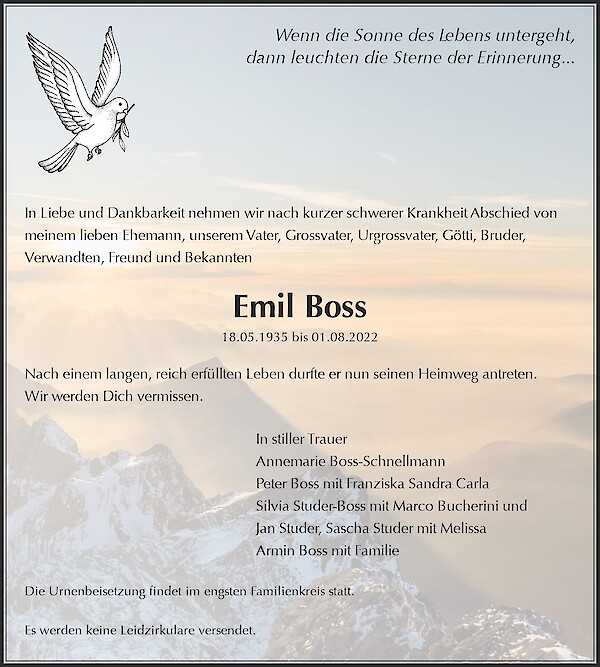 Todesanzeige von Emil Boss, Jona