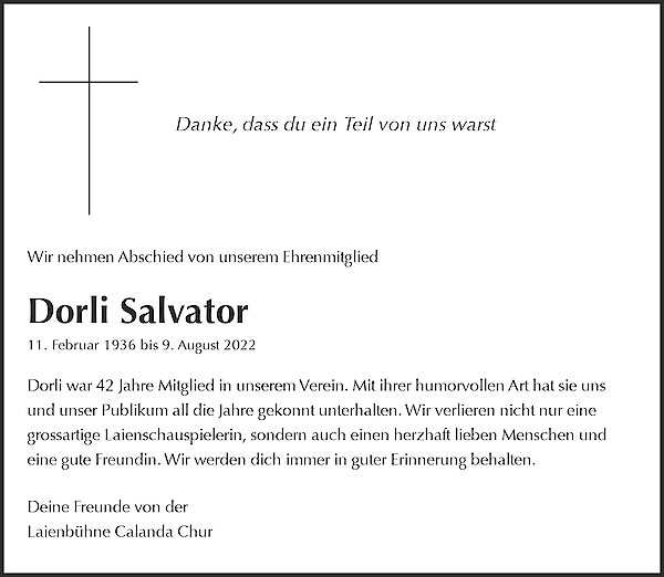 Avis de décès de Dorli Salvator, Chur