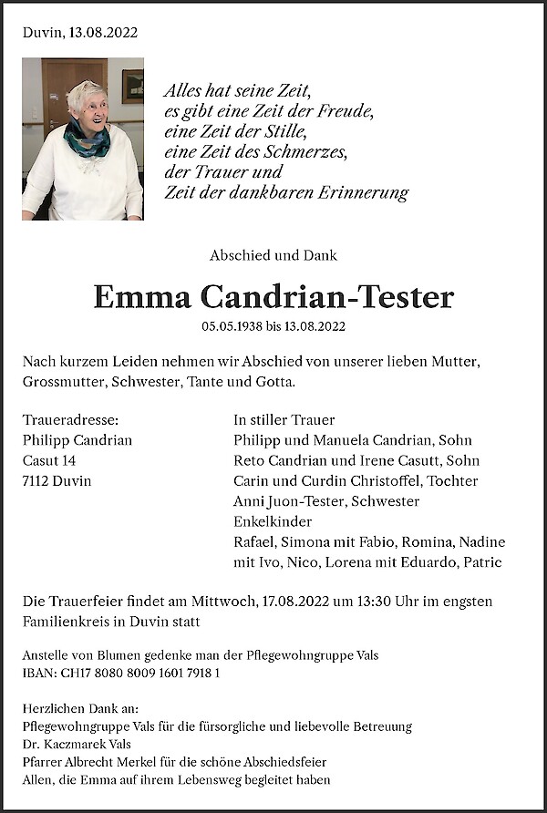 Necrologio Emma Candrian-Tester, Vals