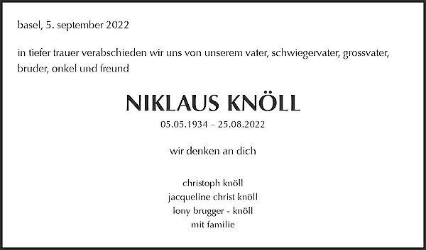 Necrologio NIKLAUS KNÖLL, basel