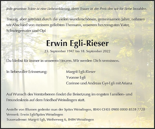 Avis de décès de Erwin Egli-Rieser, Weisslingen